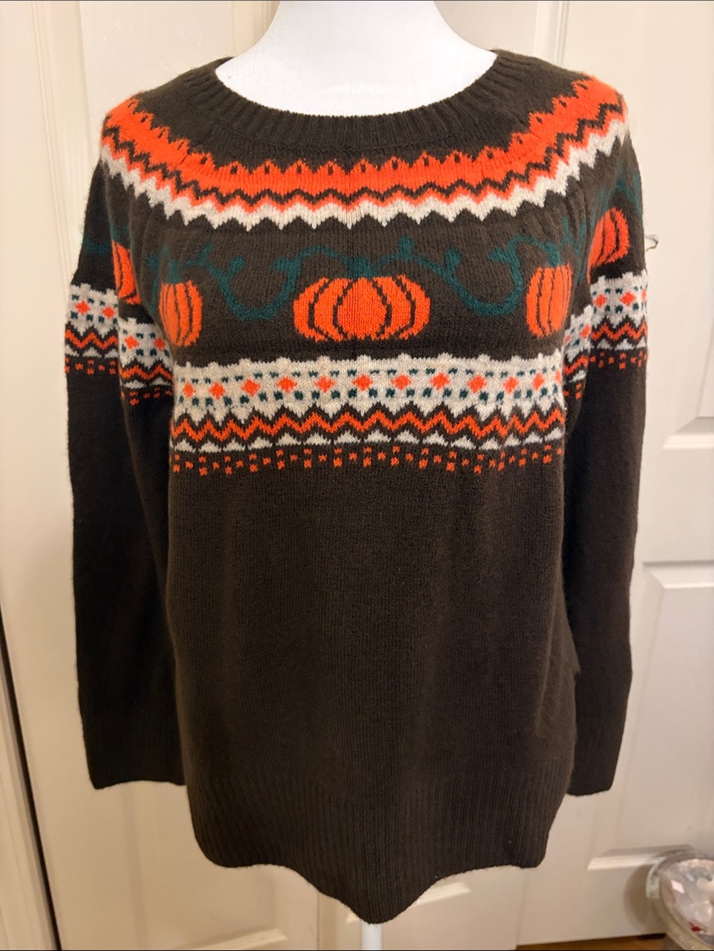 Vince Camuto Brown Crewneck Sweater with Orange Pumpkin Fair Isle Yoke